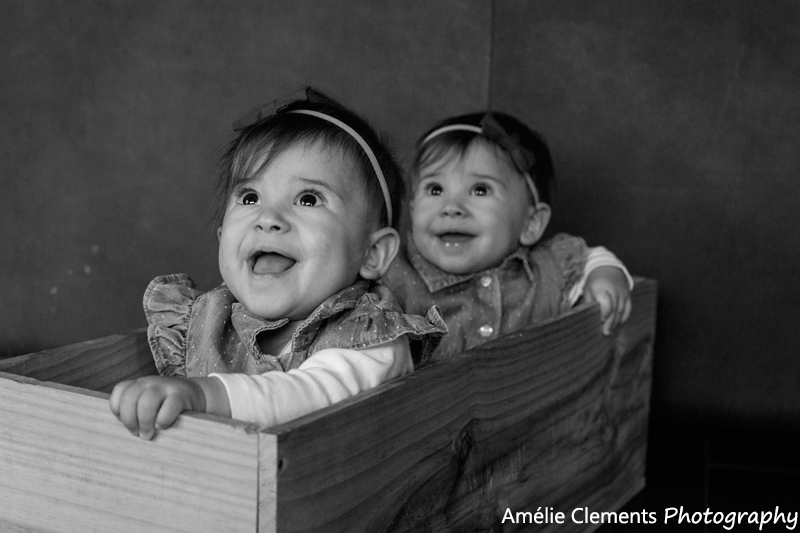 baby-photographer-zurich-horgen-twins-switzerland-amelie-clements-baby-girls-9month-old-sit-wine-box-smile-on-location-home